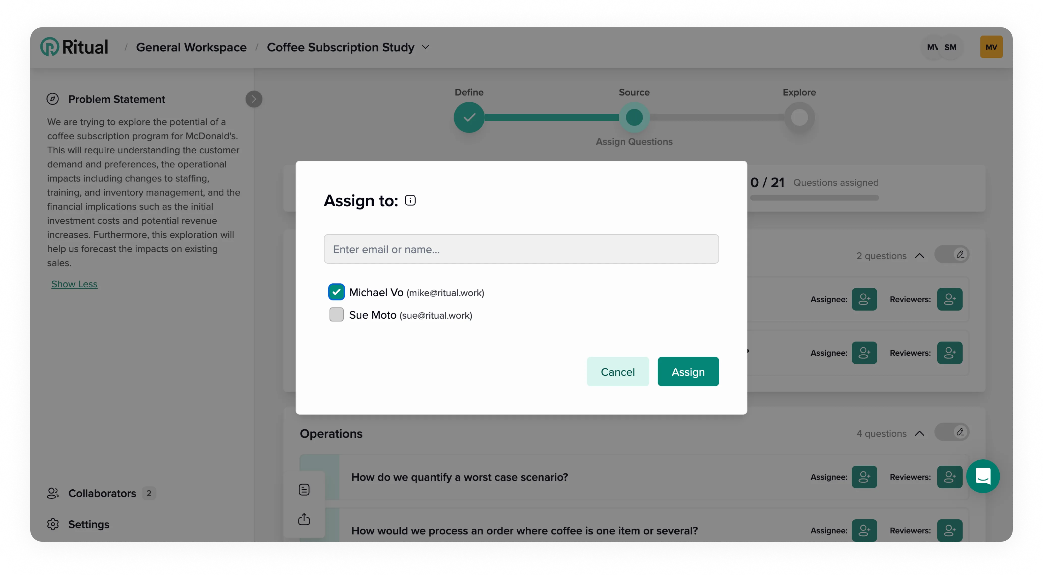 Assign question to assignee modal