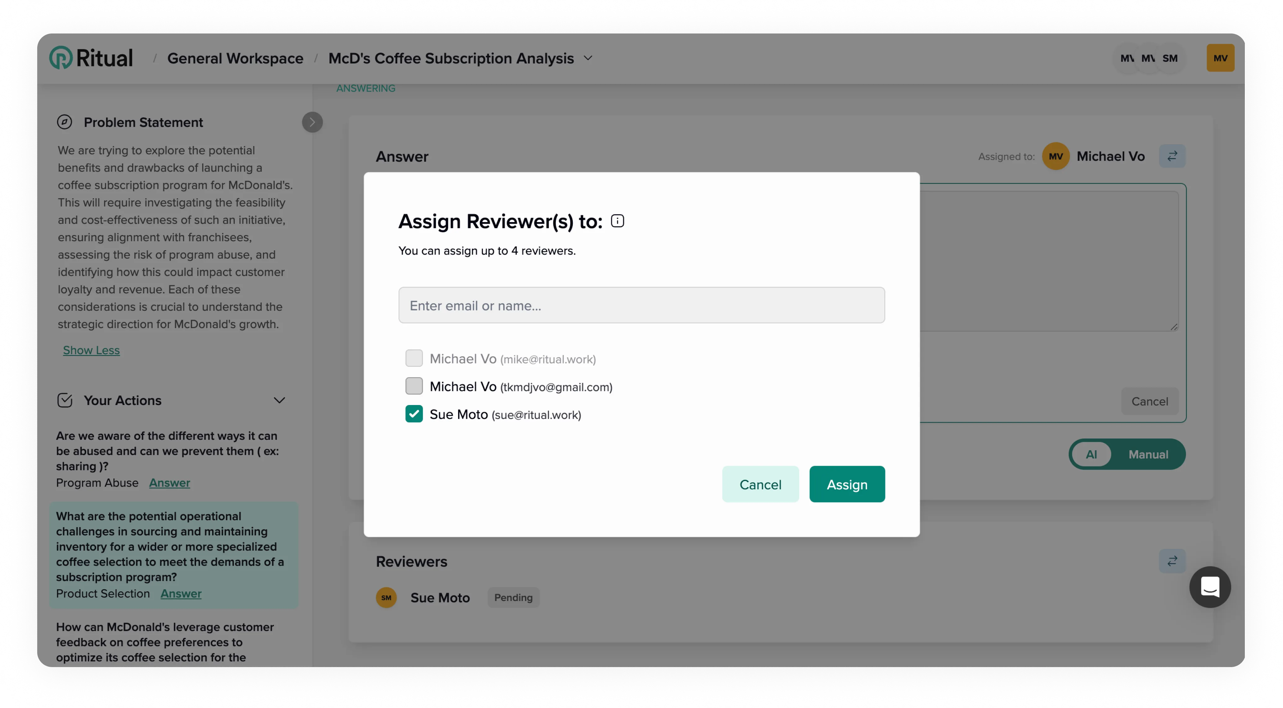 Assign reviewer to question modal