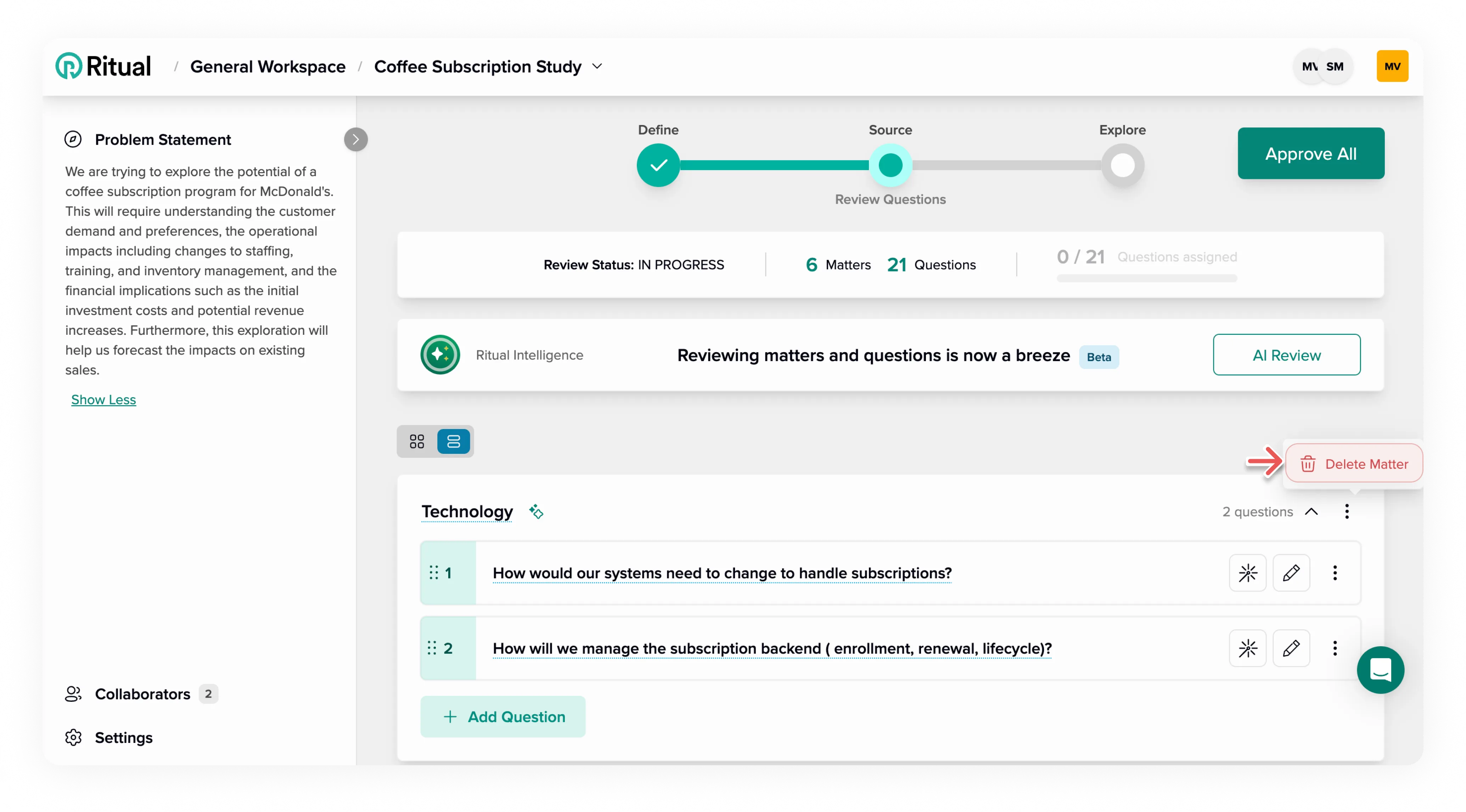 Matter review interface