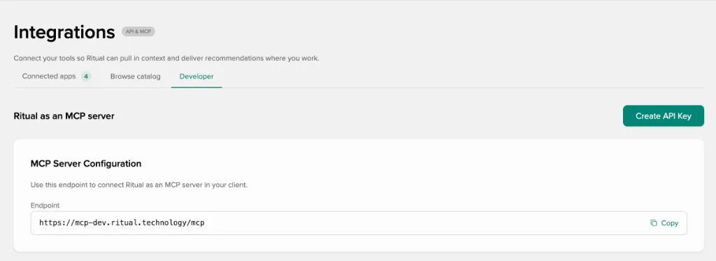 Create API Key and copy the Endpoint from MCP Server Configuration Developer tab with Create API Key and MCP Server Configuration