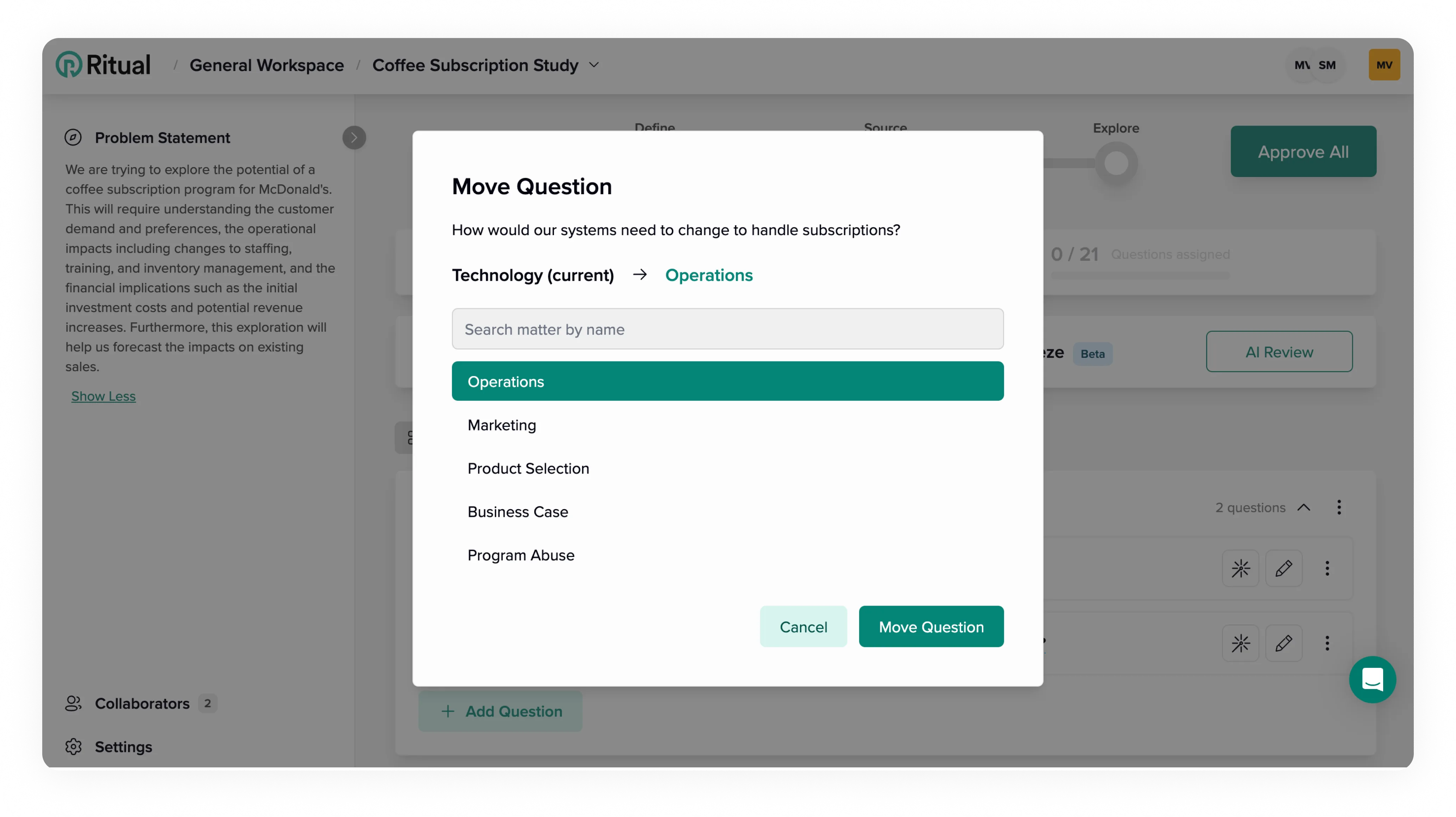 Moving questions via selection