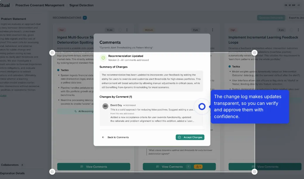 Transparent change log showing recommendation updates Change Tracking